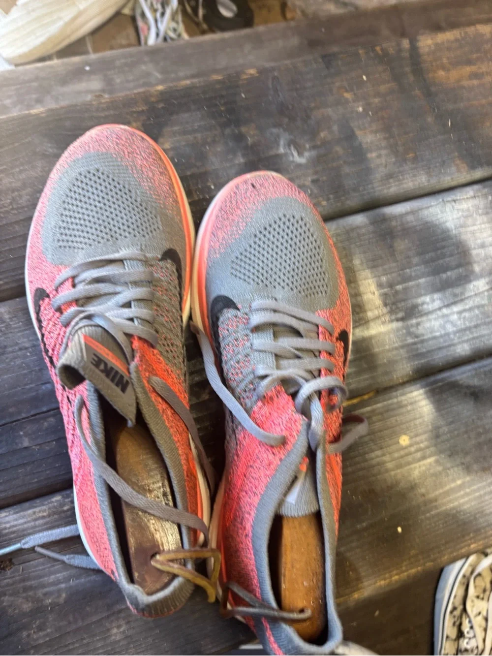 Nike Gray and Coral Flyknit Running Sneakers